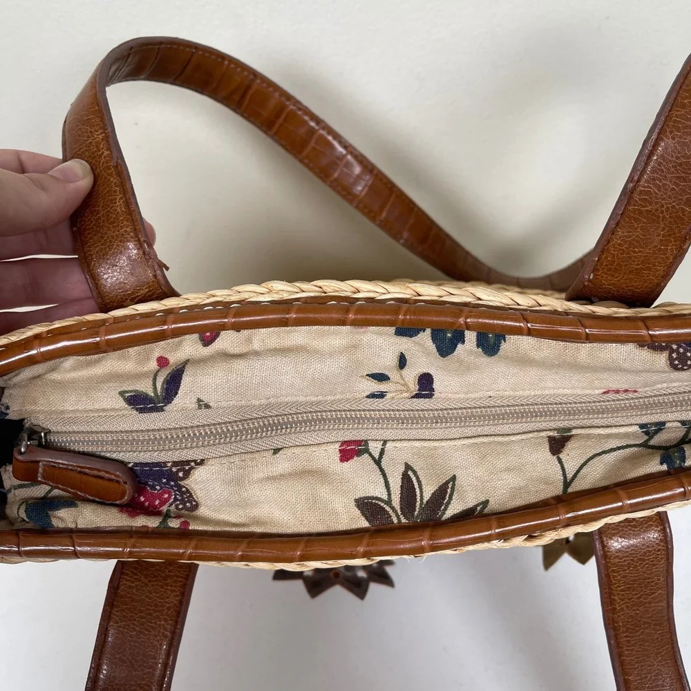 Vintage Elka Woven Straw Floral Applique Satchel Purse Handbag‎ Boho Cottage
